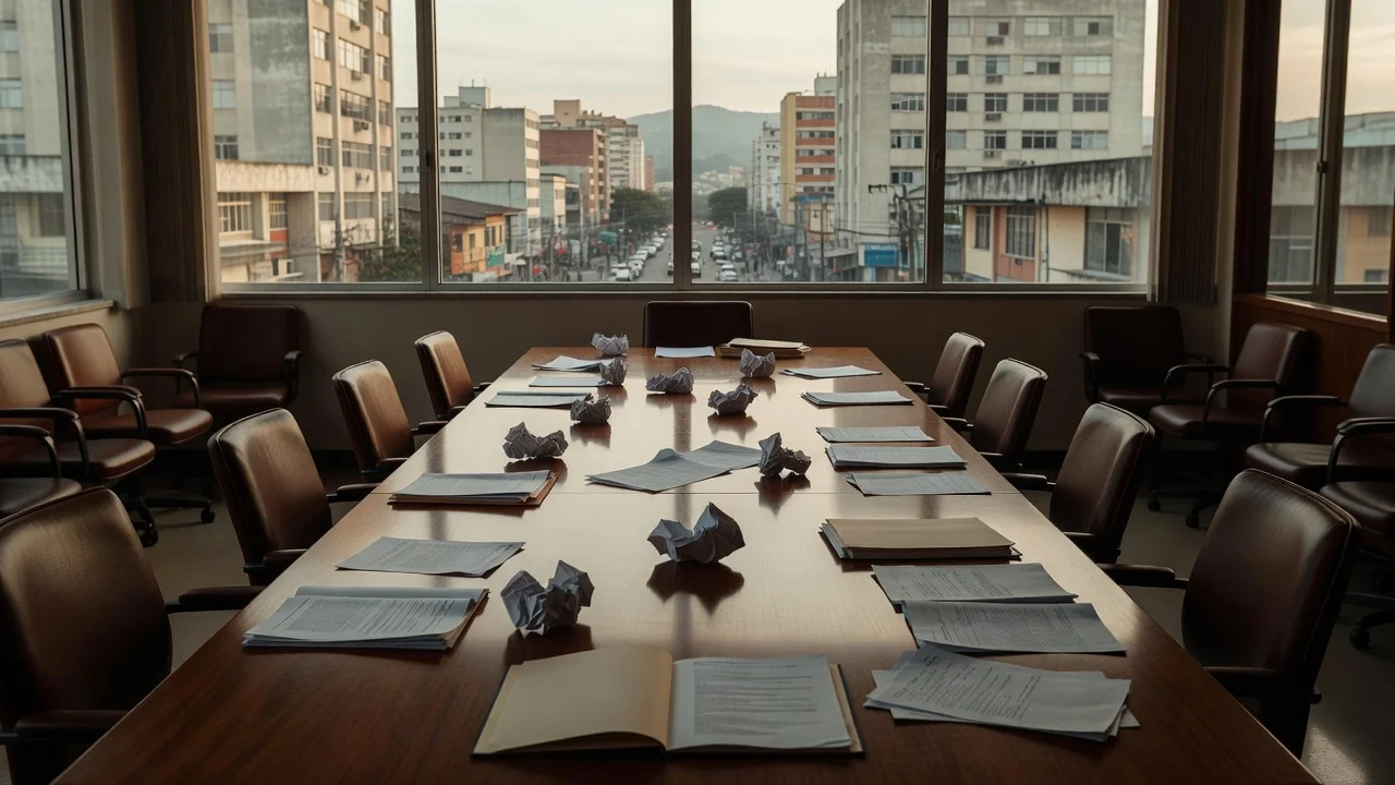 Sala de reuniões com documentos em mesa de mediação salarial entre sindicatos