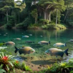 Tambaquis em rio amazônico com plantas nativas