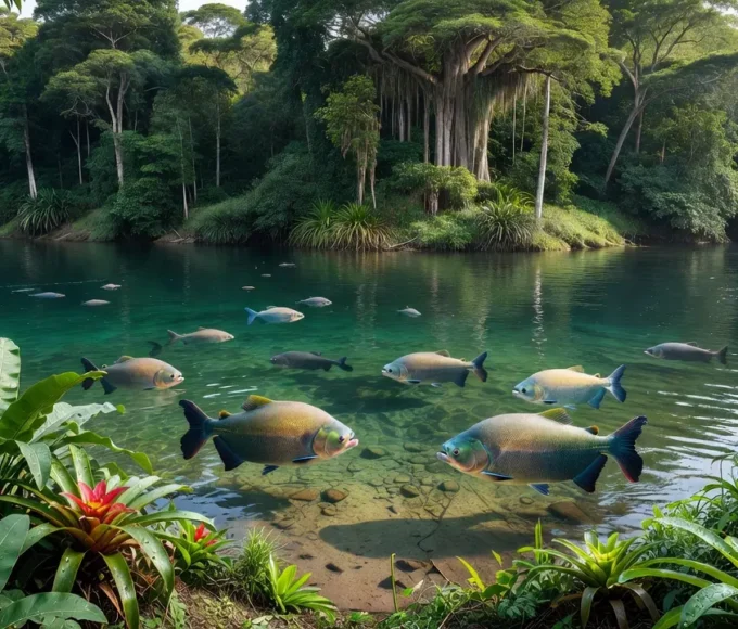 Tambaquis em rio amazônico com plantas nativas