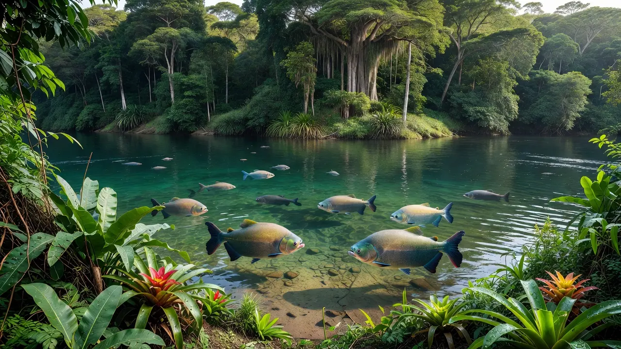 Tambaquis em rio amazônico com plantas nativas