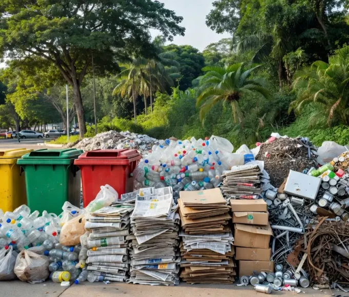 Materiais recicláveis e lixeiras em Porto Velho em seminário sobre reciclagem e inclusão de catadores