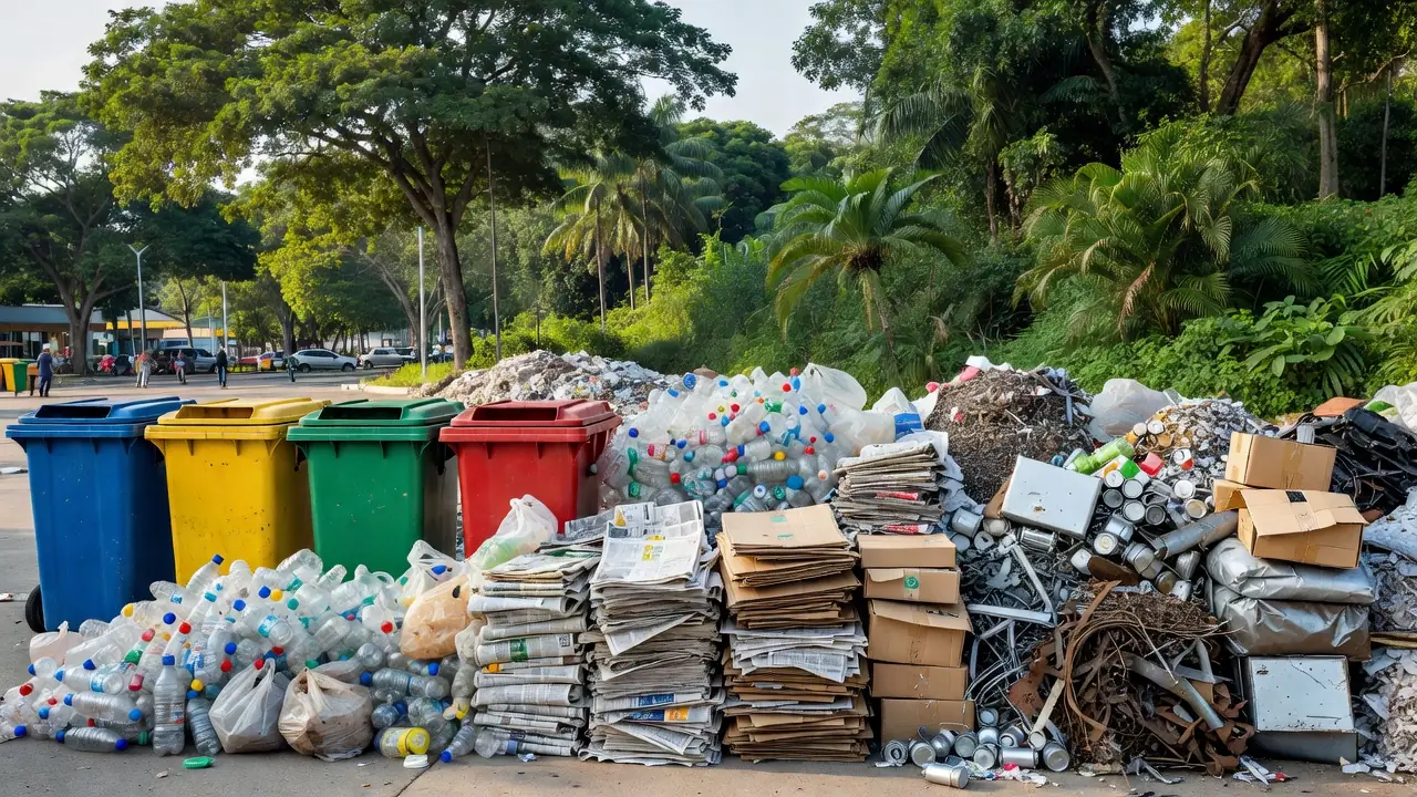 Materiais recicláveis e lixeiras em Porto Velho em seminário sobre reciclagem e inclusão de catadores