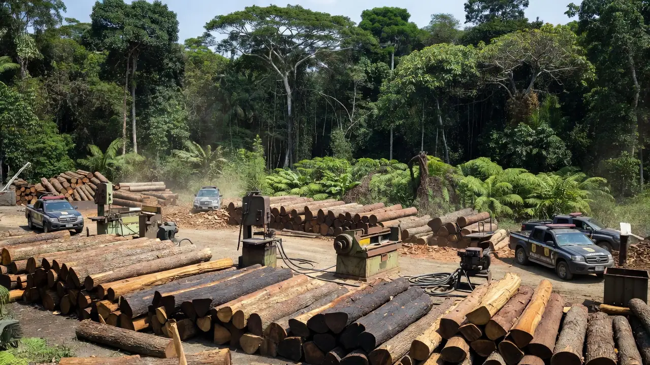 Viaturas da Polícia Federal em madeireira de Porto Velho durante operação