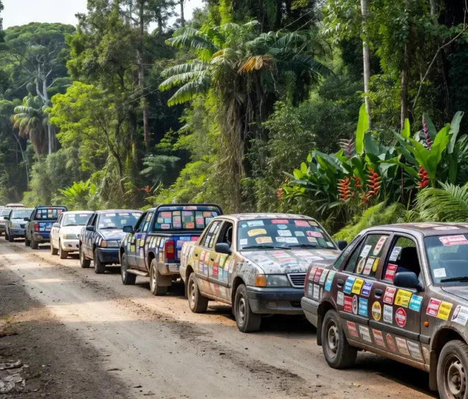 Adesivaço de campanha política em estrada de Rondônia com veículos