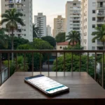 Smartphone com app de apostas online em varanda brasileira, representando pesquisa sobre mulheres apostando
