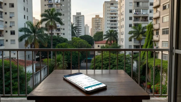 Smartphone com app de apostas online em varanda brasileira, representando pesquisa sobre mulheres apostando