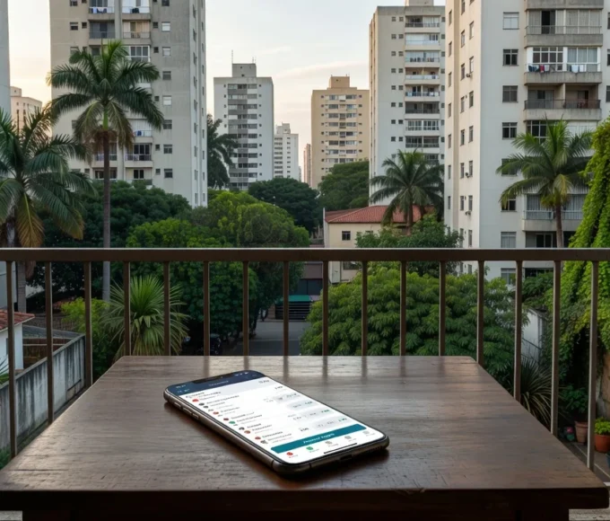 Smartphone com app de apostas online em varanda brasileira, representando pesquisa sobre mulheres apostando