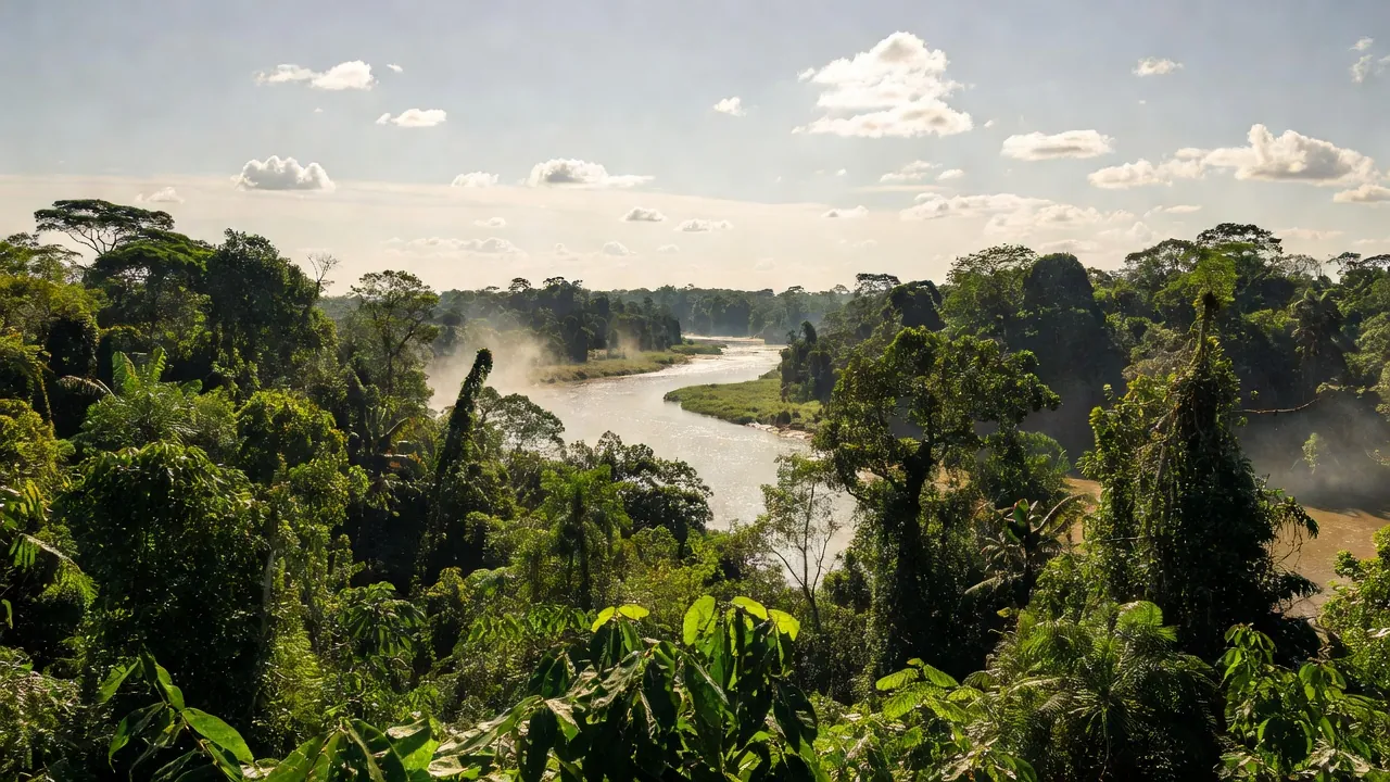 Paisagem de Rondônia com sol forte e nuvens para chuva isolada, previsão de 39°C