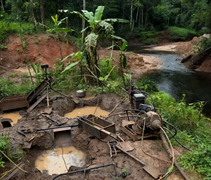 Área de extração ilegal de diamantes em terras indígenas de Rondônia