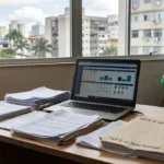 Mesa com laptop e documentos fiscais representando NFS-e nacional no Simples Nacional