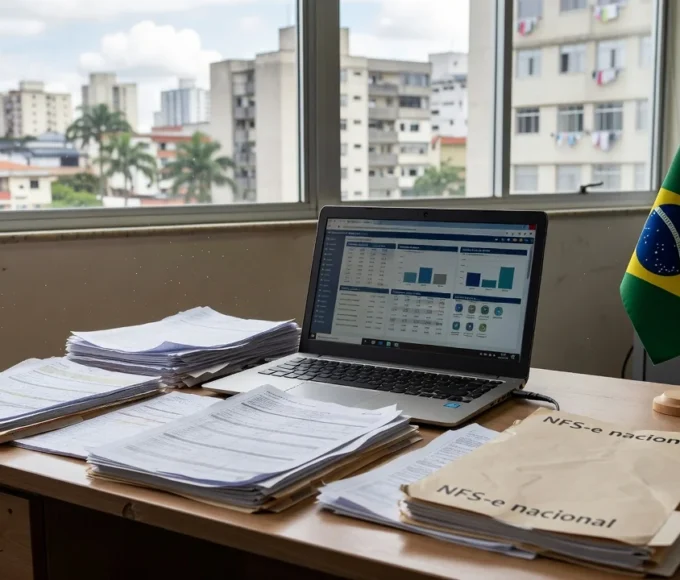 Mesa com laptop e documentos fiscais representando NFS-e nacional no Simples Nacional