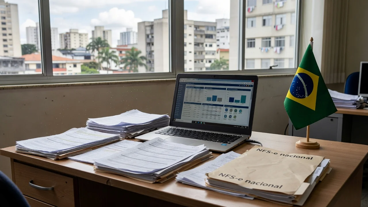 Mesa com laptop e documentos fiscais representando NFS-e nacional no Simples Nacional