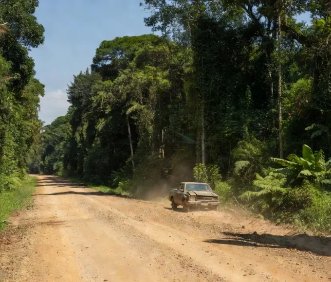 Cena de acidente em estrada rural de Alta Floresta d’Oeste, Rondônia, com veículo danificado