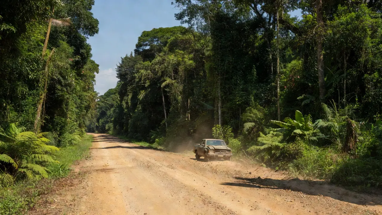 Cena de acidente em estrada rural de Alta Floresta d’Oeste, Rondônia, com veículo danificado