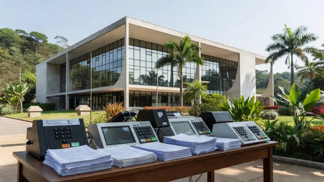 Tribunal Regional Eleitoral de Rondônia com urnas eletrônicas e documentos