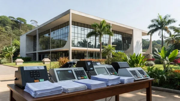 Tribunal Regional Eleitoral de Rondônia com urnas eletrônicas e documentos