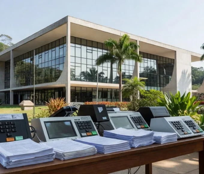 Tribunal Regional Eleitoral de Rondônia com urnas eletrônicas e documentos