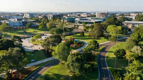 Vista urbana de Vilhena com elementos de hábitos saudáveis e tecnologia em meio à prosperidade