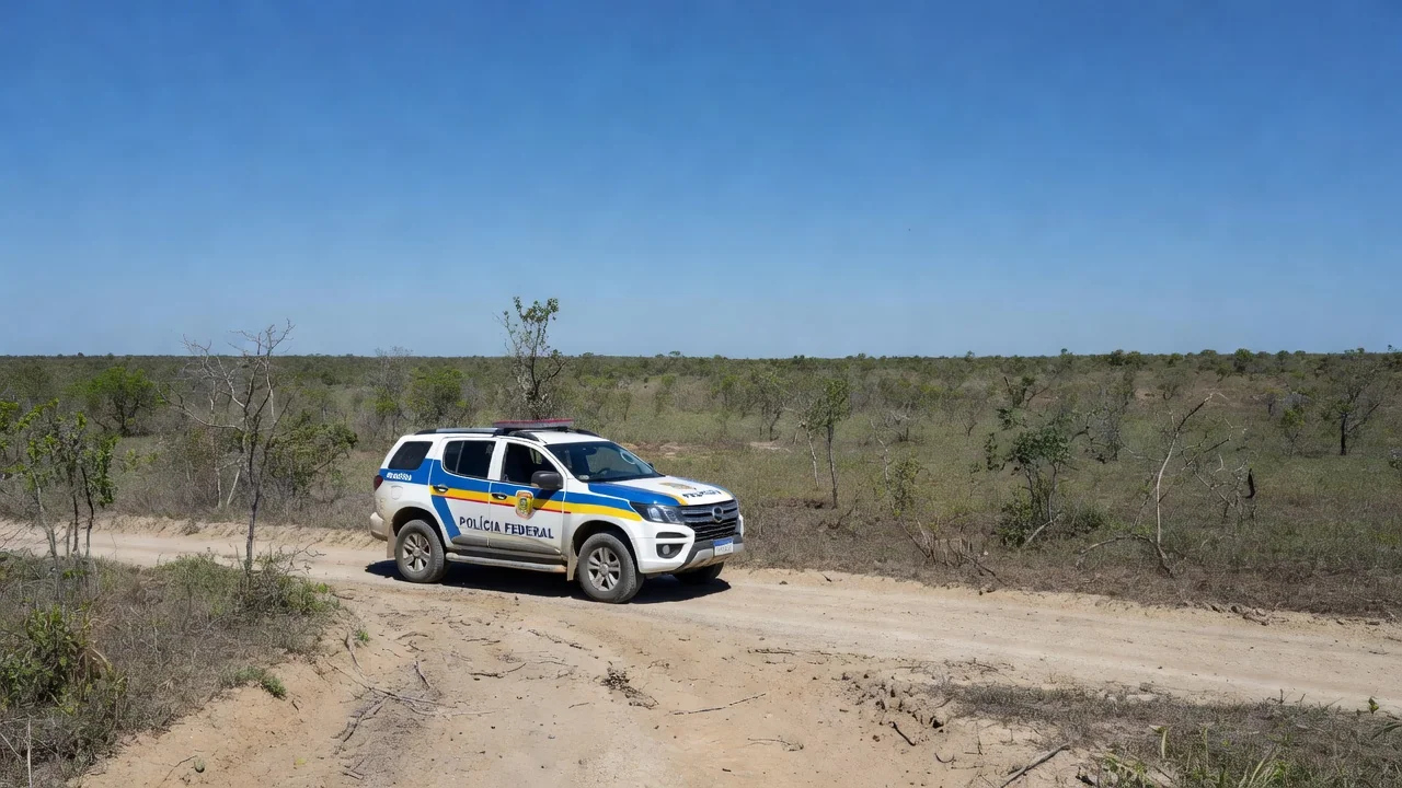 Viatura da Polícia Federal em paisagem rural de Roraima