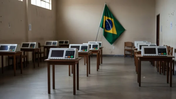 Urnas eletrônicas em seção eleitoral brasileira representando pesquisa de intenção de voto