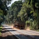 Rodovia BR-319 com carreta trafegando na Amazônia