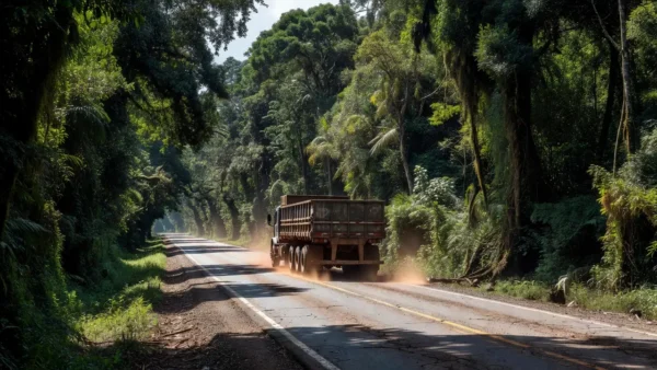 Rodovia BR-319 com carreta trafegando na Amazônia