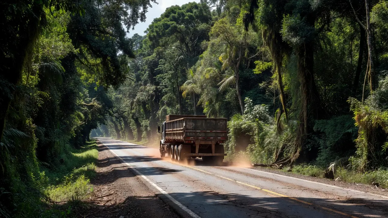 Rodovia BR-319 com carreta trafegando na Amazônia