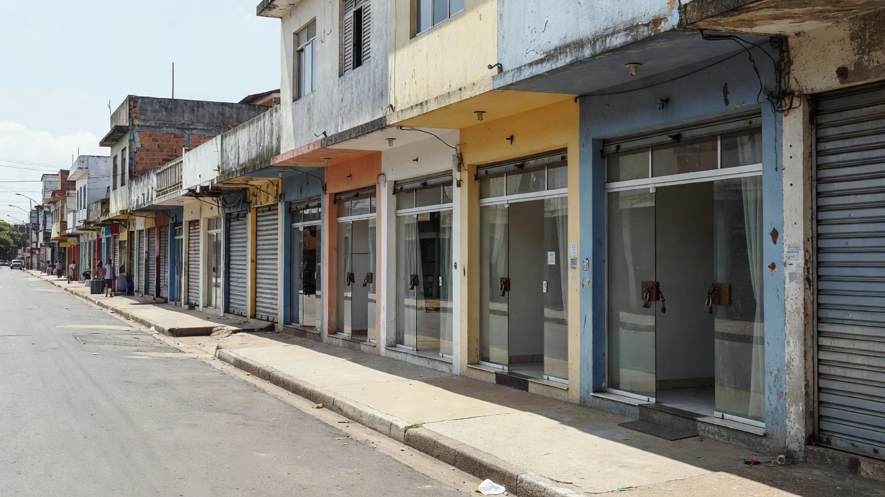 Rua comercial em Porto Velho com pequenos comércios fechados