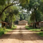 Estrada rural no interior de Rondônia com comitê político ao fundo