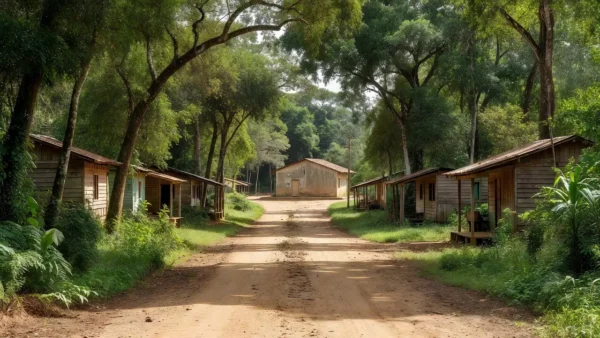 Estrada rural no interior de Rondônia com comitê político ao fundo
