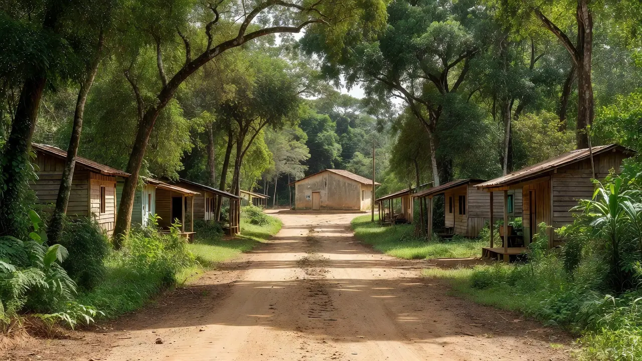 Estrada rural no interior de Rondônia com comitê político ao fundo