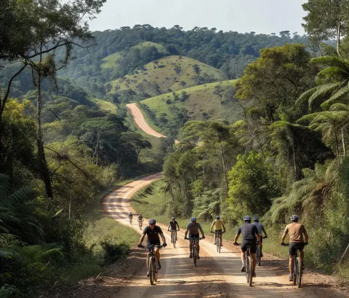 Ciclistas em estrada rural de Rondônia representando apoio ao ciclismo rondoniense