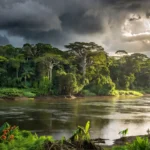 Paisagem da Amazônia com chuva isolada e sol forte na Região Norte