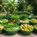Cestas verdes com alimentos para entrega pela Prefeitura de Rolim de Moura