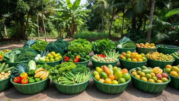 Cestas verdes com alimentos para entrega pela Prefeitura de Rolim de Moura
