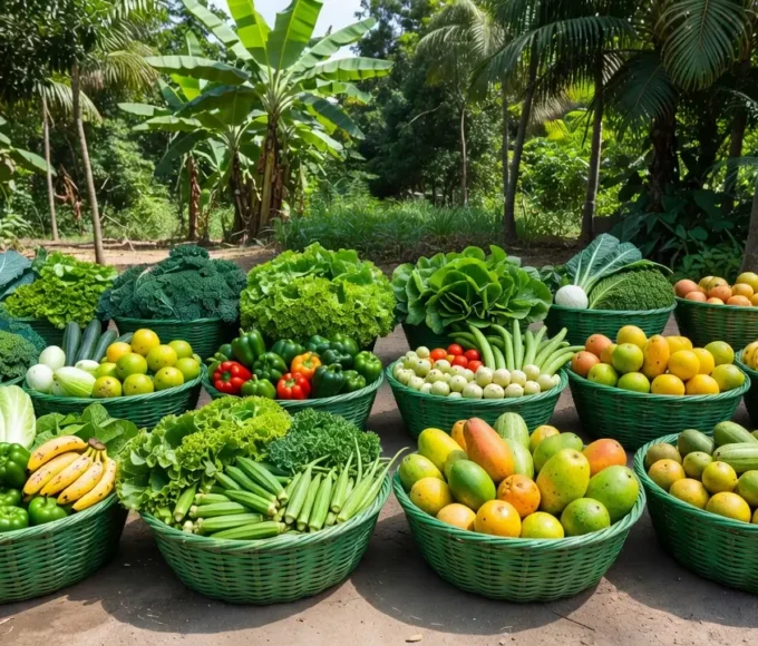 Cestas verdes com alimentos para entrega pela Prefeitura de Rolim de Moura
