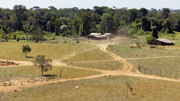 Paisagem rural em Rondônia com terras agrícolas e florestas amazônicas, sobre regularização fundiária.