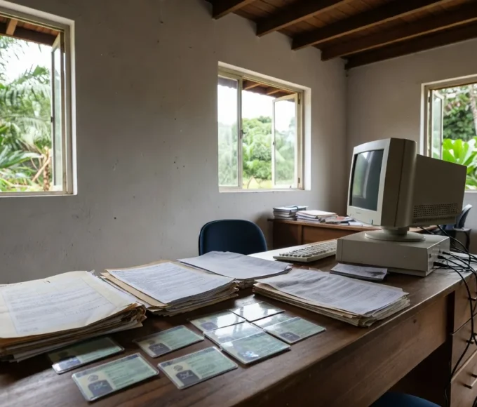 Documentos e cartões de CNH em mesa de escritório do Detran em Rondônia