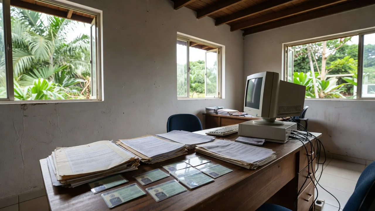 Documentos e cartões de CNH em mesa de escritório do Detran em Rondônia