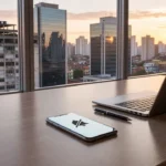 Celular no silencioso sobre mesa de escritório para foco e produtividade