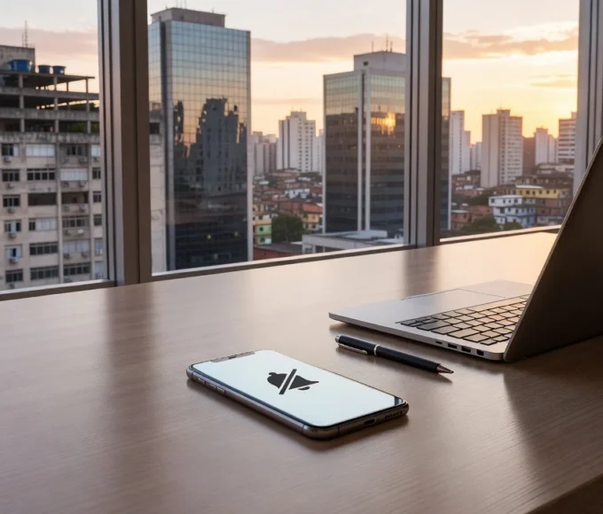 Celular no silencioso sobre mesa de escritório para foco e produtividade