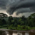 Céu nublado e chuva em Rolim de Moura durante frente fria em Rondônia