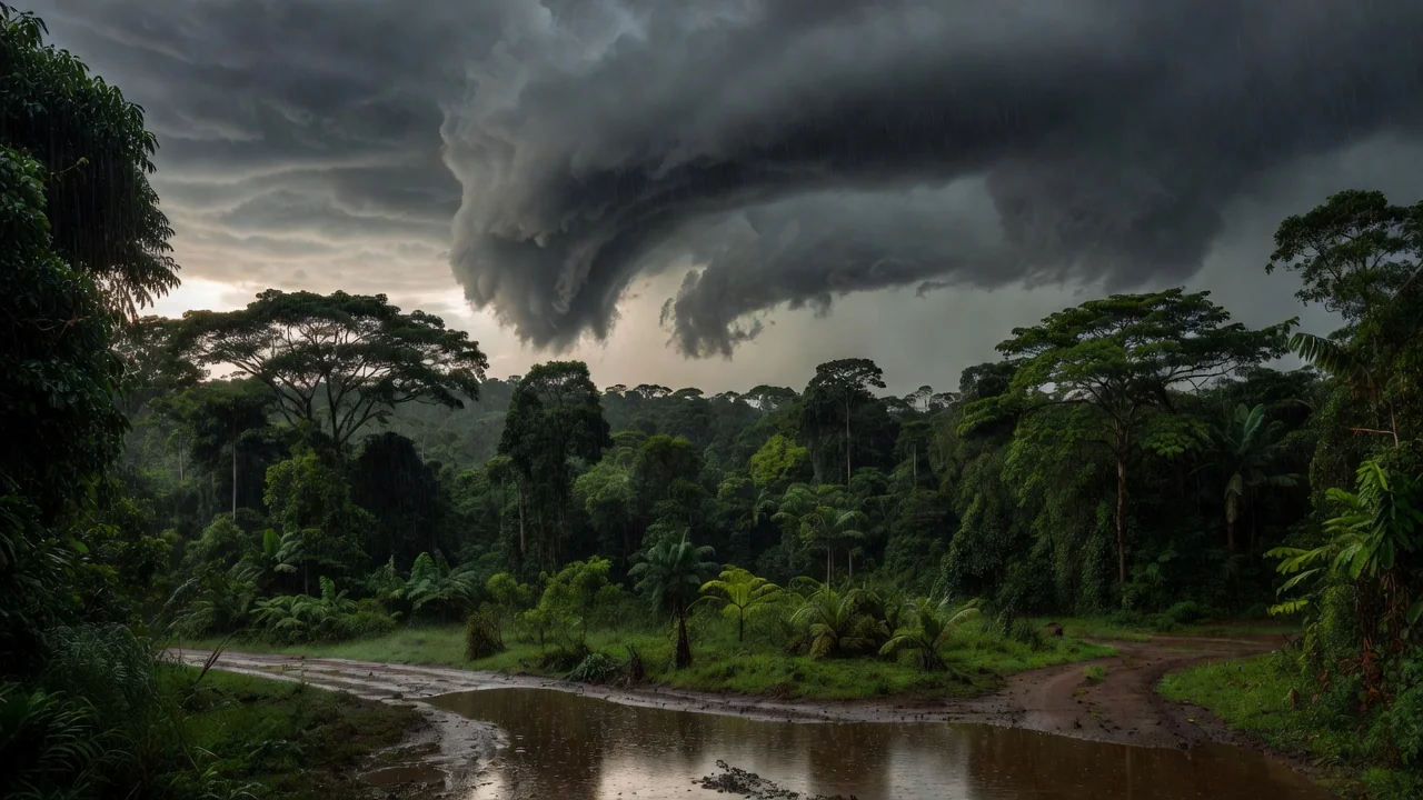 Céu nublado e chuva em Rolim de Moura durante frente fria em Rondônia