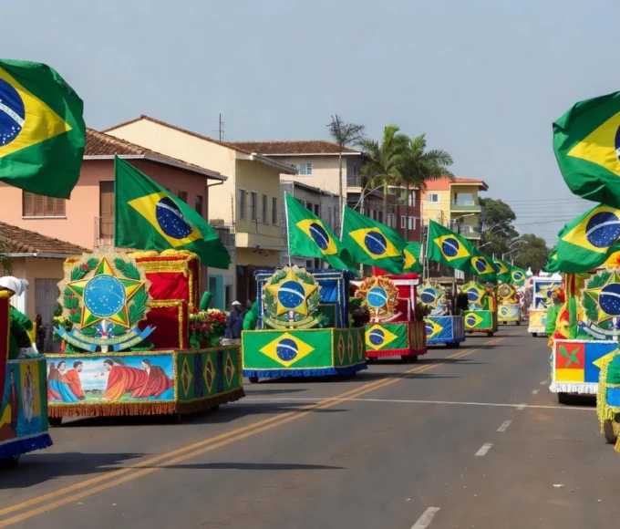 Desfile cívico de 7 de Setembro em Vilhena com bandeiras e carros alegóricos
