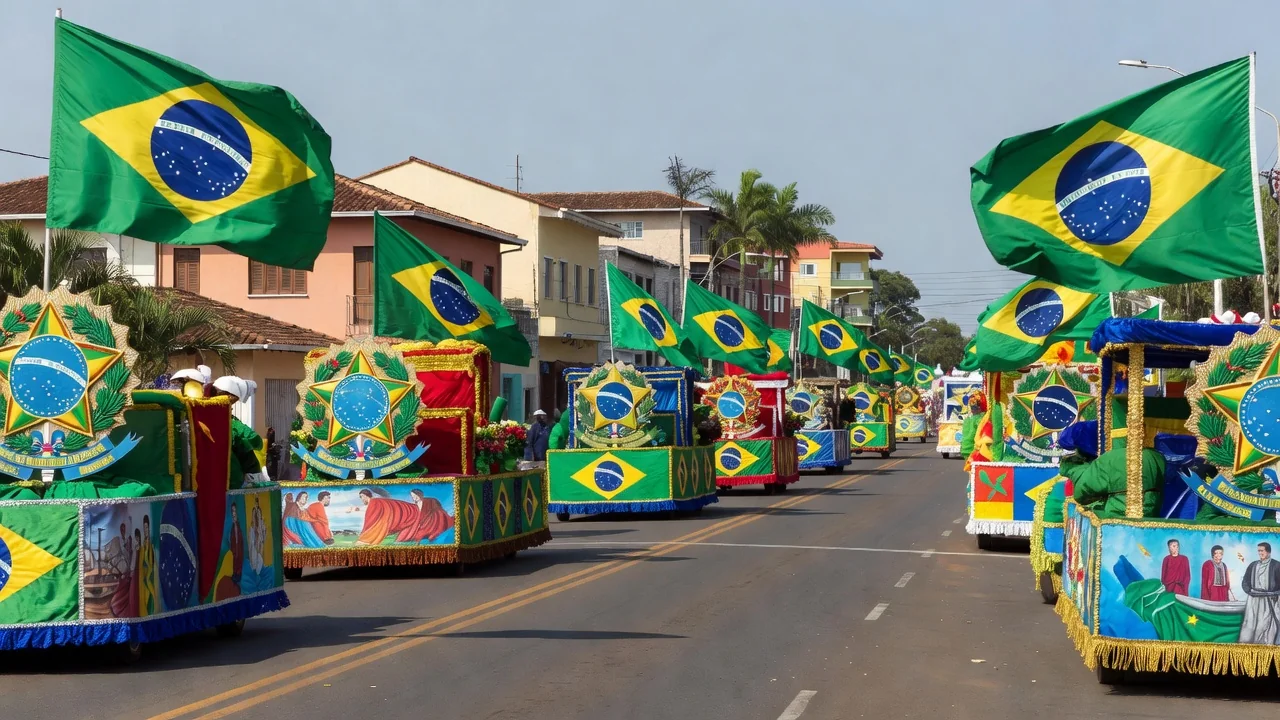 Desfile cívico de 7 de Setembro em Vilhena com bandeiras e carros alegóricos
