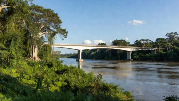 Ponte sobre rio na Amazônia em Rondônia simbolizando emendas de R$ 500 milhões