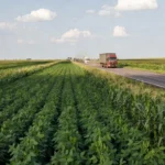 Rodovia em área agrícola com plantações de soja representando a Rota Agro Central
