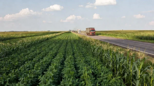 Rodovia em área agrícola com plantações de soja representando a Rota Agro Central