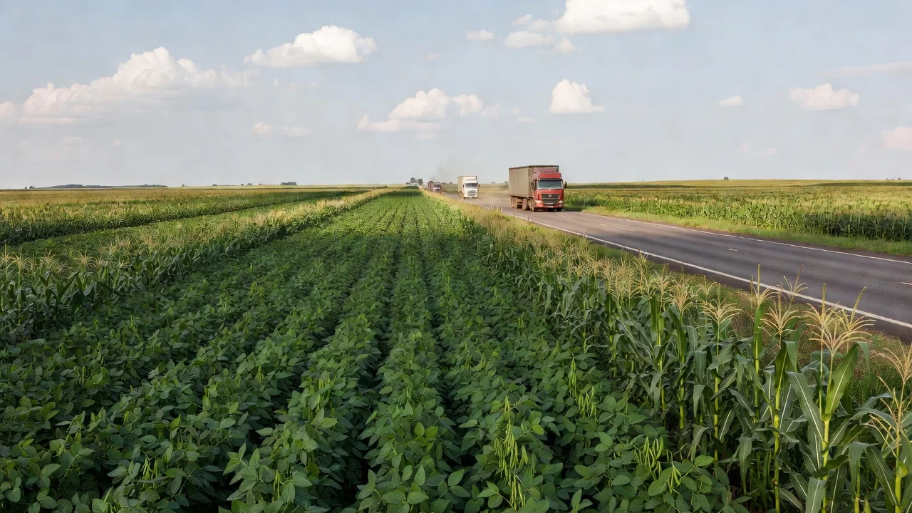 Rodovia em área agrícola com plantações de soja representando a Rota Agro Central
