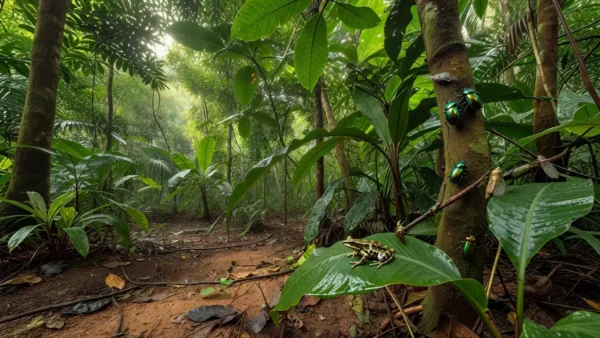 Floresta da Serra do Aracá em Rondônia com anfíbio e insetos na vegetação natural